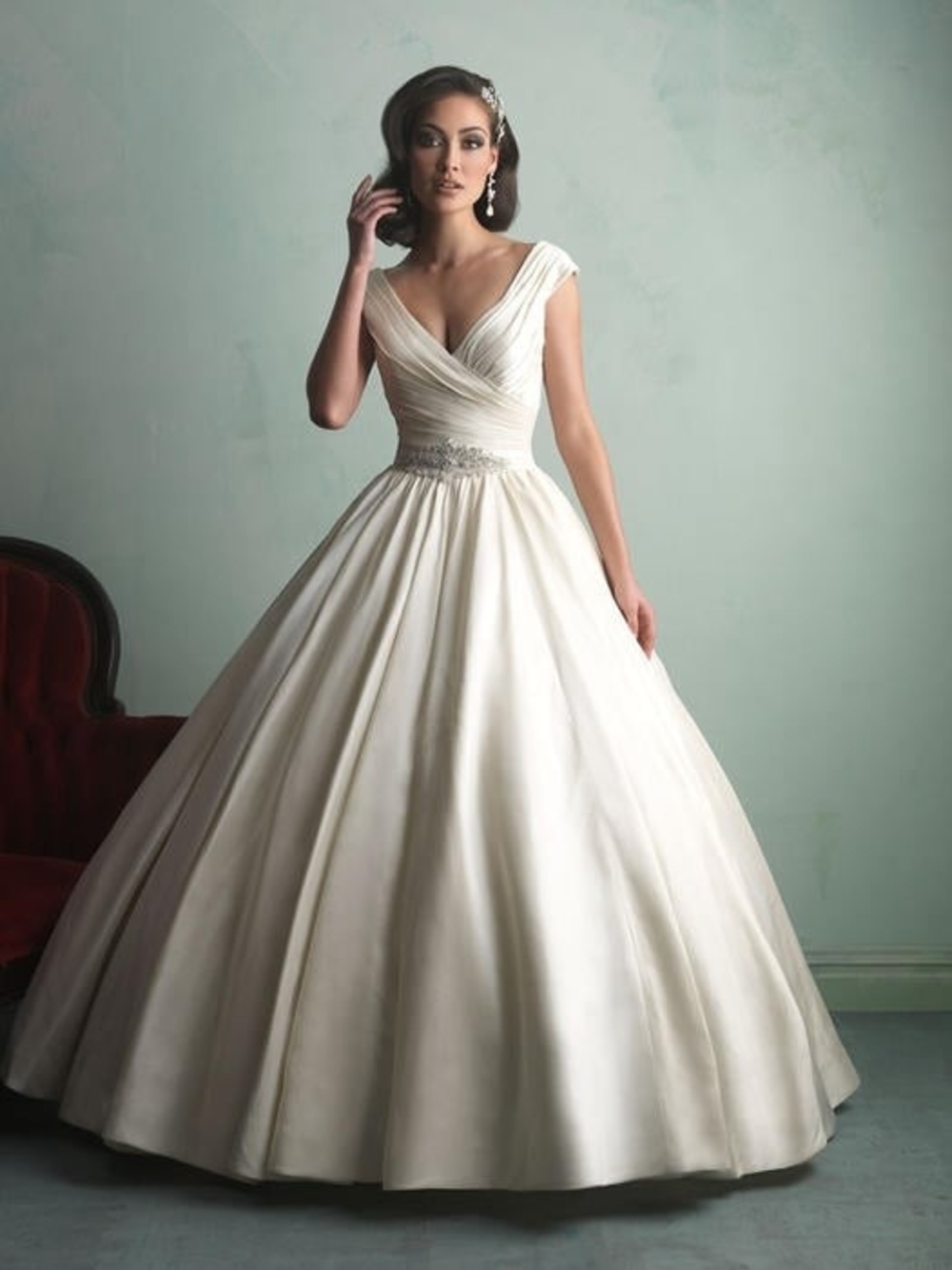 Allure Bridals Ivory Satin Ball Gown with Gathered V-Neck Bodice